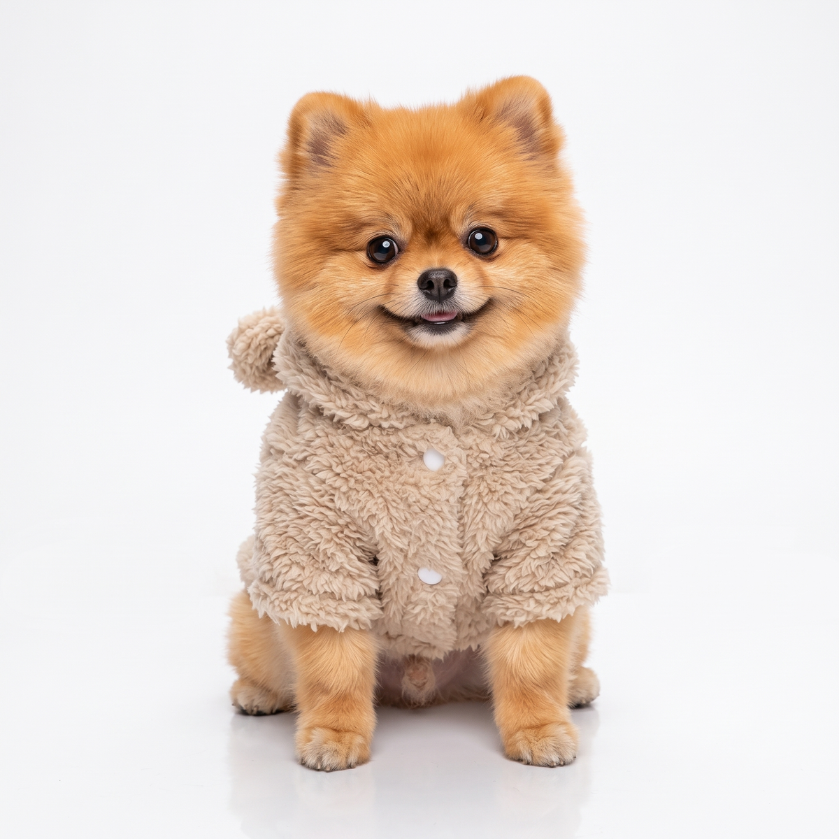 Voorkant van de fleece hondentrui met capuchon in beige, met twee knopen, gedragen door een pomeriaan