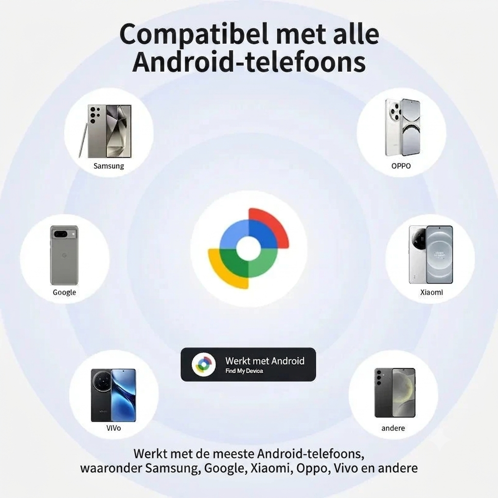PawFind kattenhalsband met tracker — infographic compatibele Android-telefoons: Samsung, Google Pixel, Xiaomi, Oppo en Vivo
