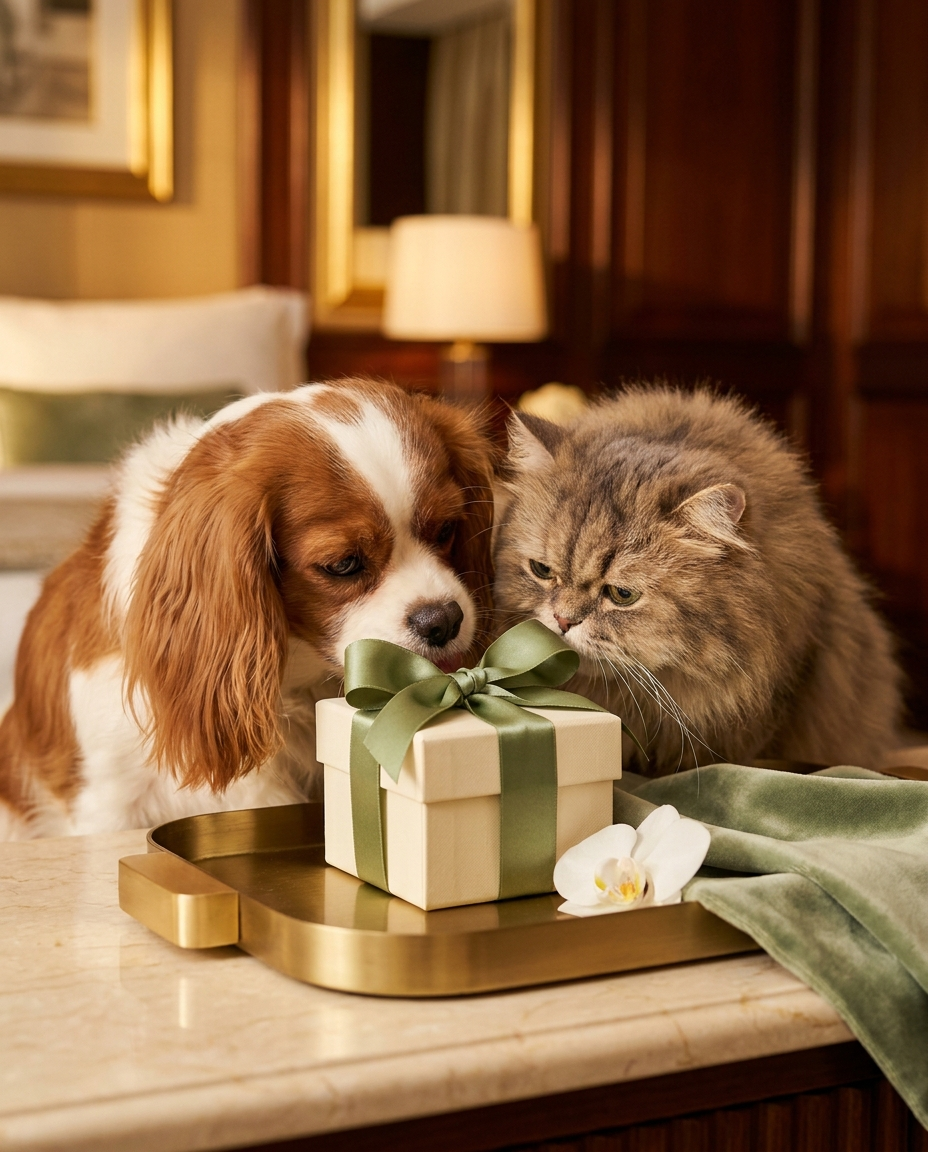 Cadeaubon voor elke honden- en kattenliefhebber — spaniel en grijze kat snuffelen aan een cadeaudoosje met groen lint