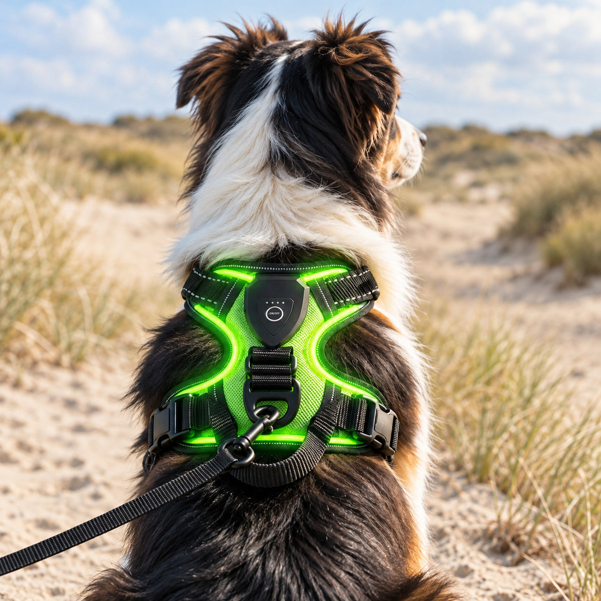 Australian Shepherd in de duinen met het oplaadbare lichtgevend hondentuig in groen, LED-verlichting aan, lijn aan de D-ring op de rug