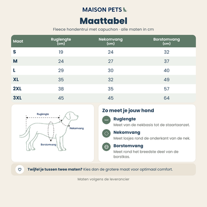 Maattabel fleece hondentrui met capuchon, maten S t/m 3XL met ruglengte, nekomvang en borstomvang