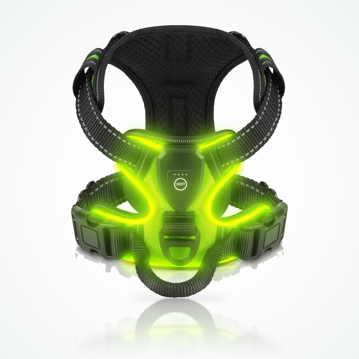 Oplaadbaar lichtgevend hondentuig in groen met LED-verlichting, bedieningsmodule, D-ring en handvat