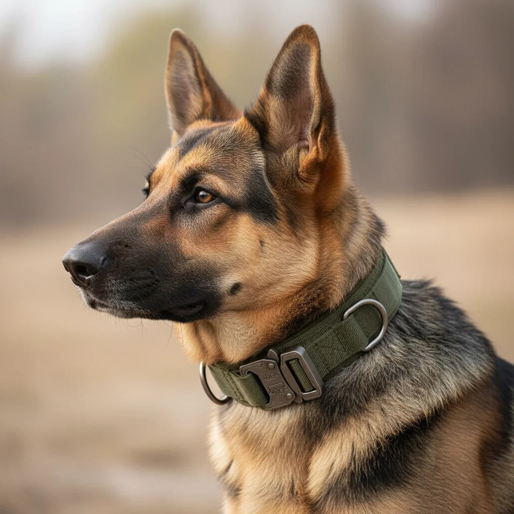 Tactische hondenhalsband — lifestyle foto hond aan riem buiten