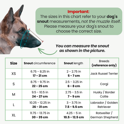 Muilkorf hond mesh — maattabel XS t/m XL met snuitmaten per ras