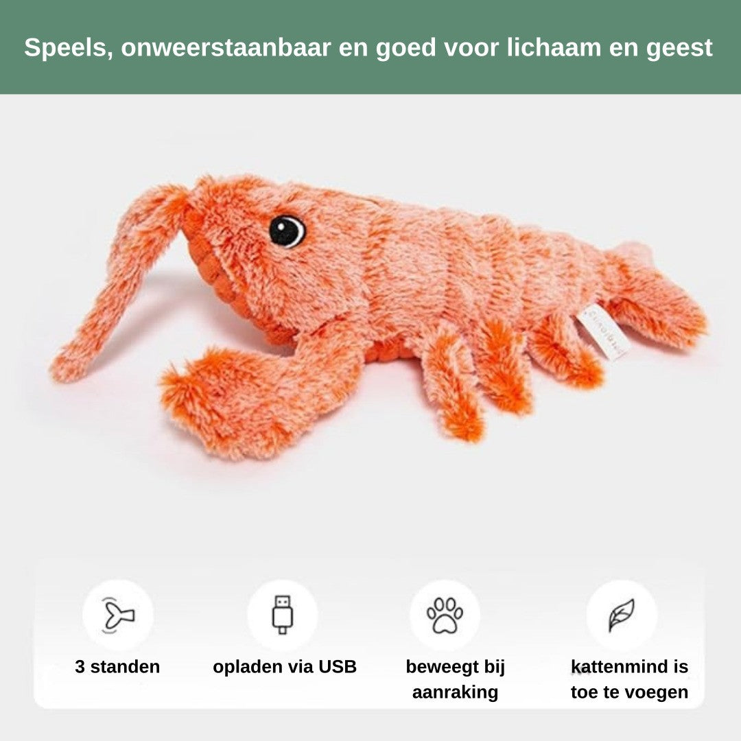 PlayLob wiebelend hondenspeelgoed infographic — speelkreeft met 3 standen, USB-opladen en bewegingssensor