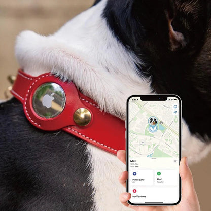 TrackTag leren hondenhalsband bruin — AirTag houder geklonken met messing drukknoop
