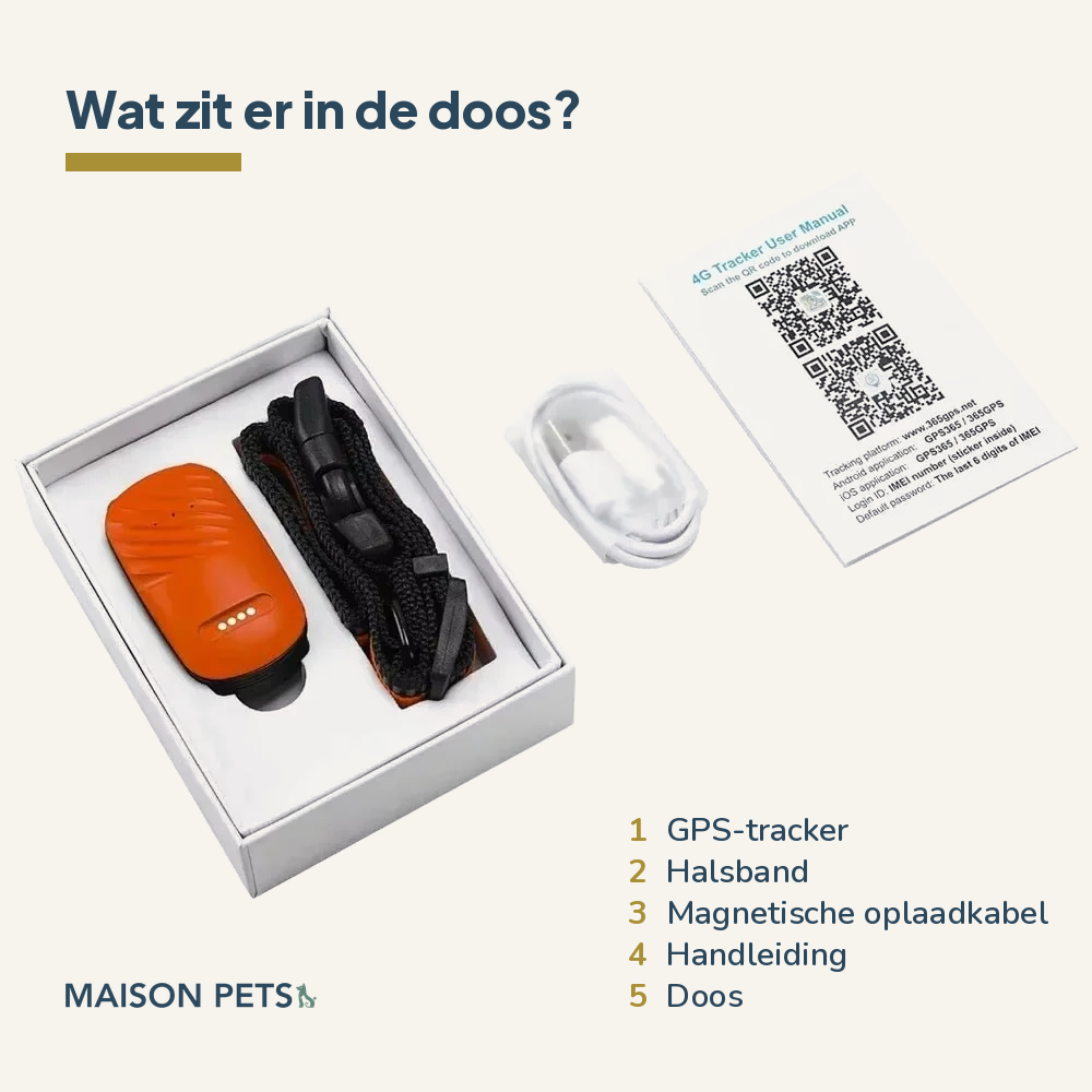 4G GPS-tracker voor hond en kat — oranje tracker in witte doos met halsband, magnetische oplaadkabel en handleiding