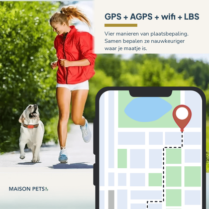 4G GPS-tracker voor hond en kat plaatsbepaling — vrouw rent met witte hond met tracker aan halsband, telefoon toont kaart