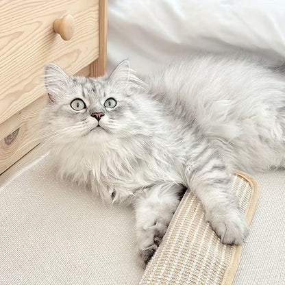 NibStick krabspeelgoed kat — langharige zilvergrijze kat speelt op zijn rug met de krabmat naast houten kast