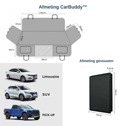CarBuddy premium automat hond maatoverzicht — 130 cm breed, gevouwen 44×66 cm, voor limousine, SUV en pick-up
