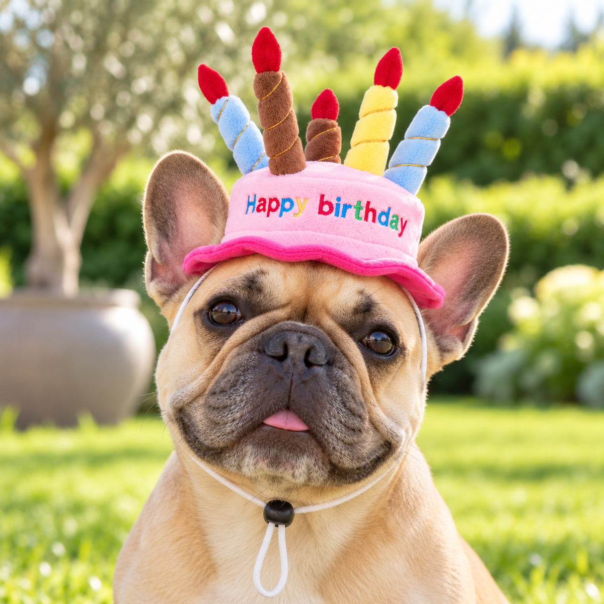 Verjaardagsmuts hond en kat roze — Franse bulldog draagt de pluche feestmuts in de tuin