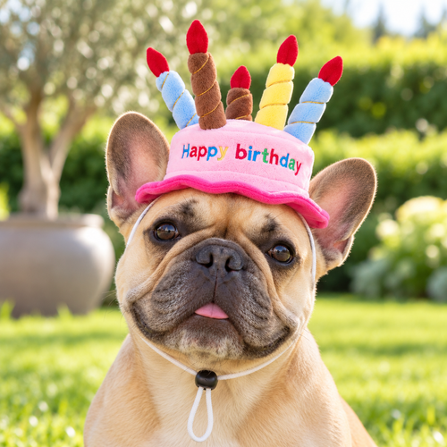 Verjaardagsmuts hond en kat roze — Franse bulldog draagt de pluche feestmuts in de tuin