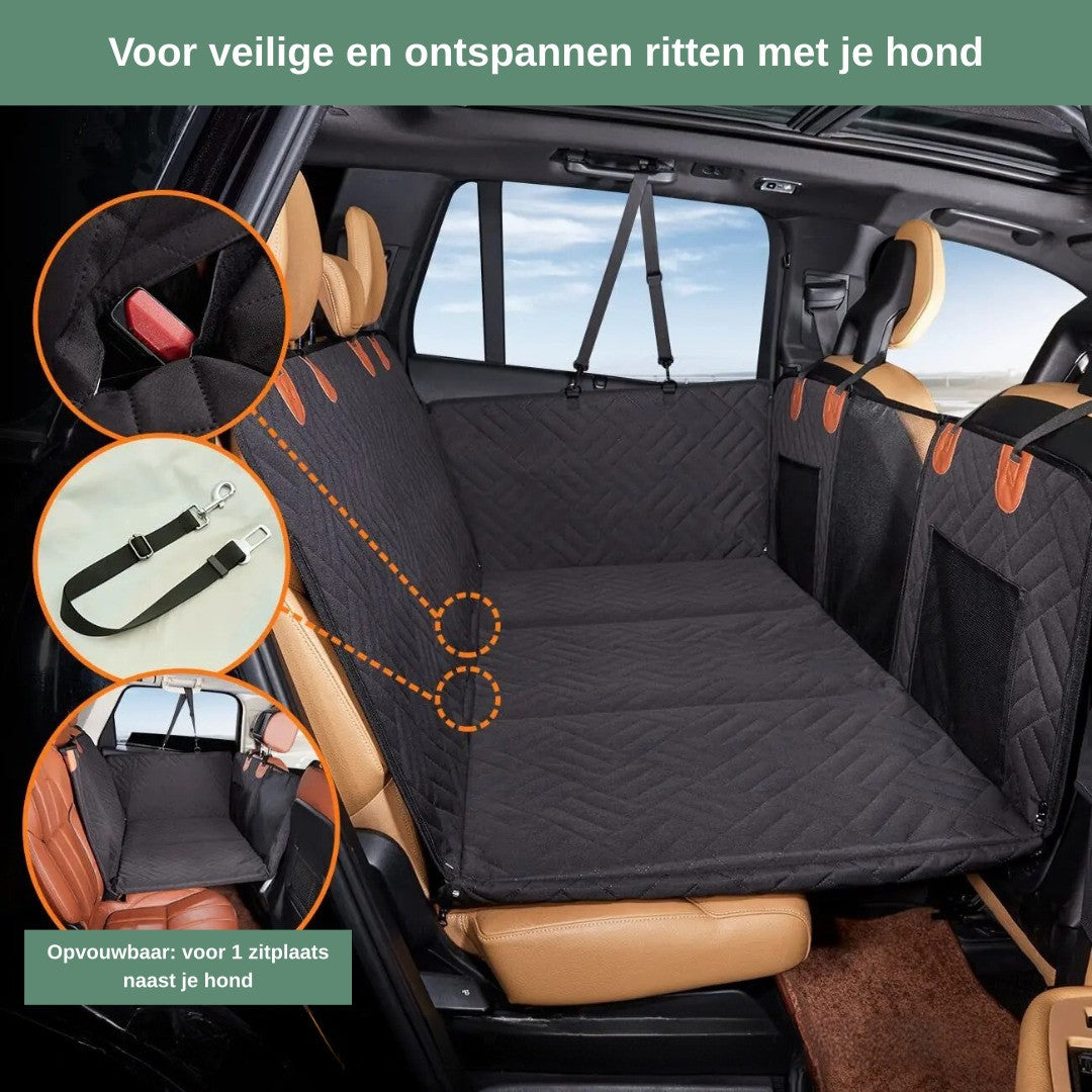 CarBuddy premium automat hond zwart uitgespreid op achterbank SUV — met riem en opvouwbare zijflap detail