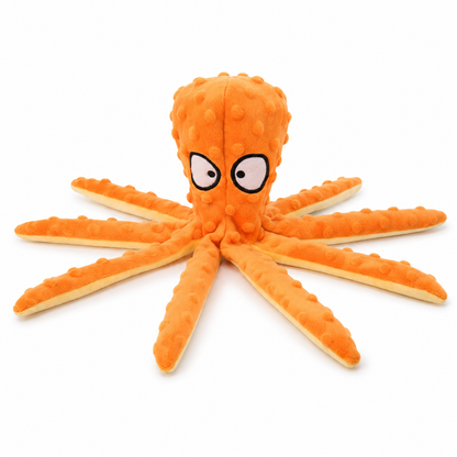Octopus piepspeelgoed hond oranje, bovenaanzicht — gegenereerd productbeeld op witte achtergrond
