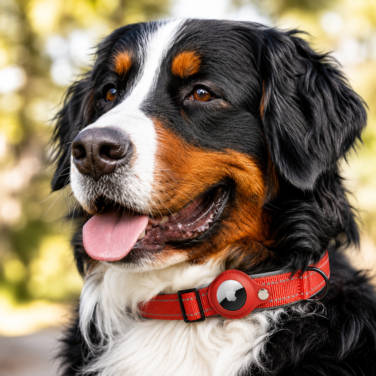 TrackTag nylon hondenhalsband met AirTag-houder in gebruik