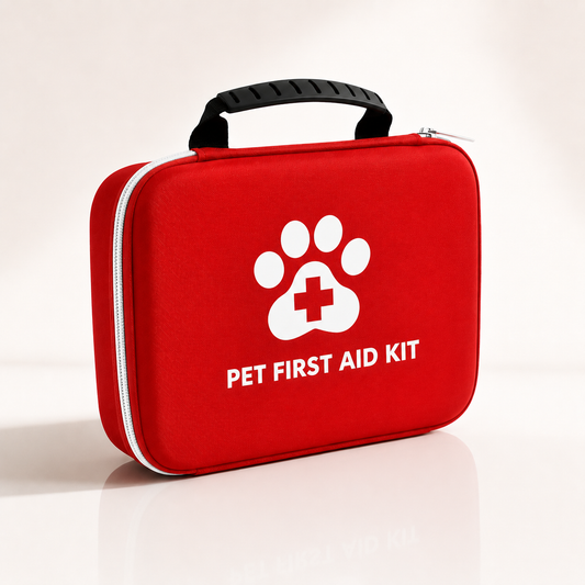 EHBO-kit voor hond en kat — rode hardshell koffer met pootafdruk-logo