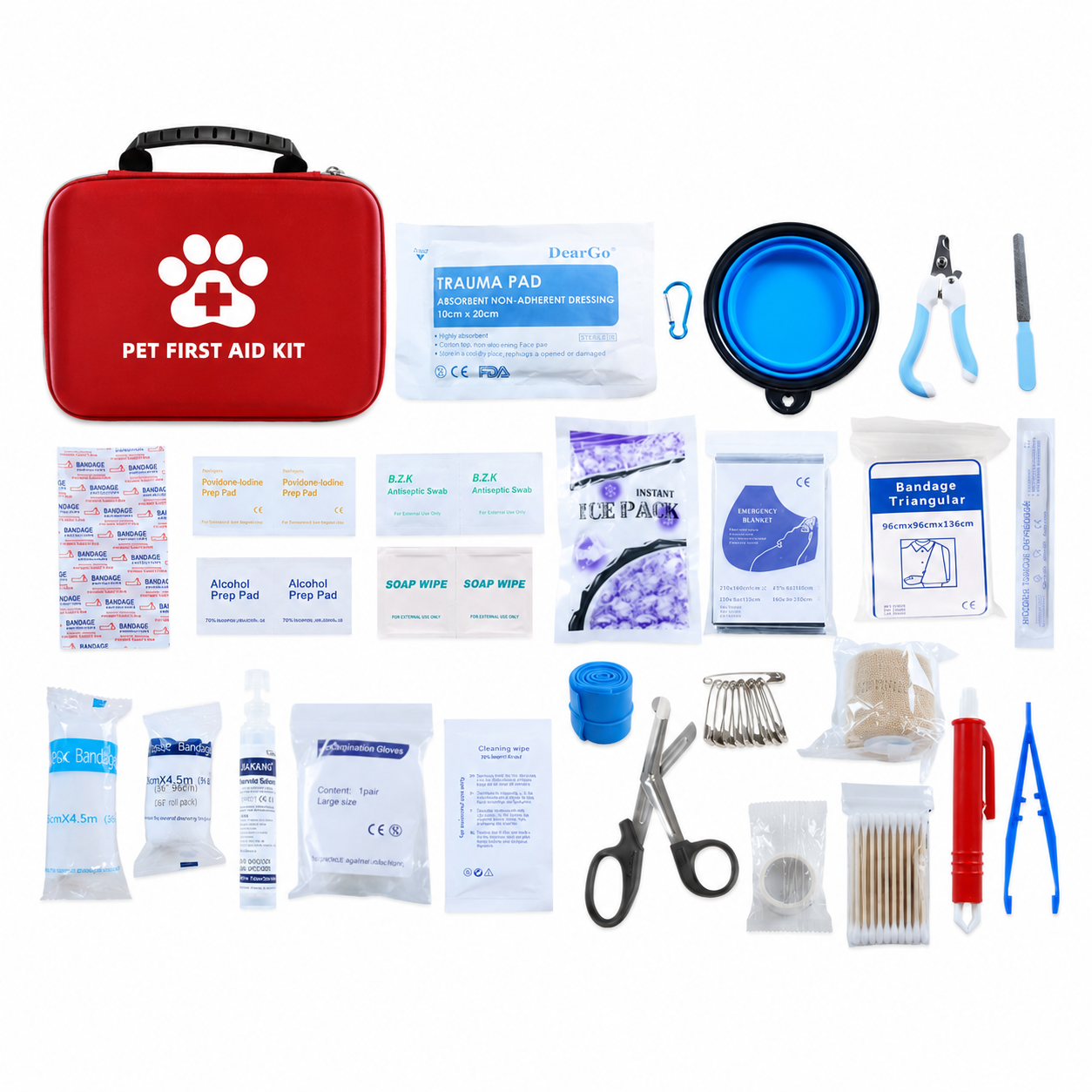 Inhoud van de EHBO-kit voor hond en kat — 53 items waaronder verband, tekentang, schaar en kompressen