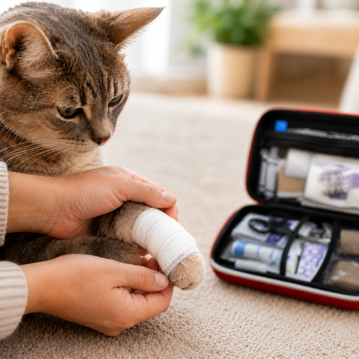 Kattenpootje verbonden met wit verband uit de EHBO-kit, thuis
