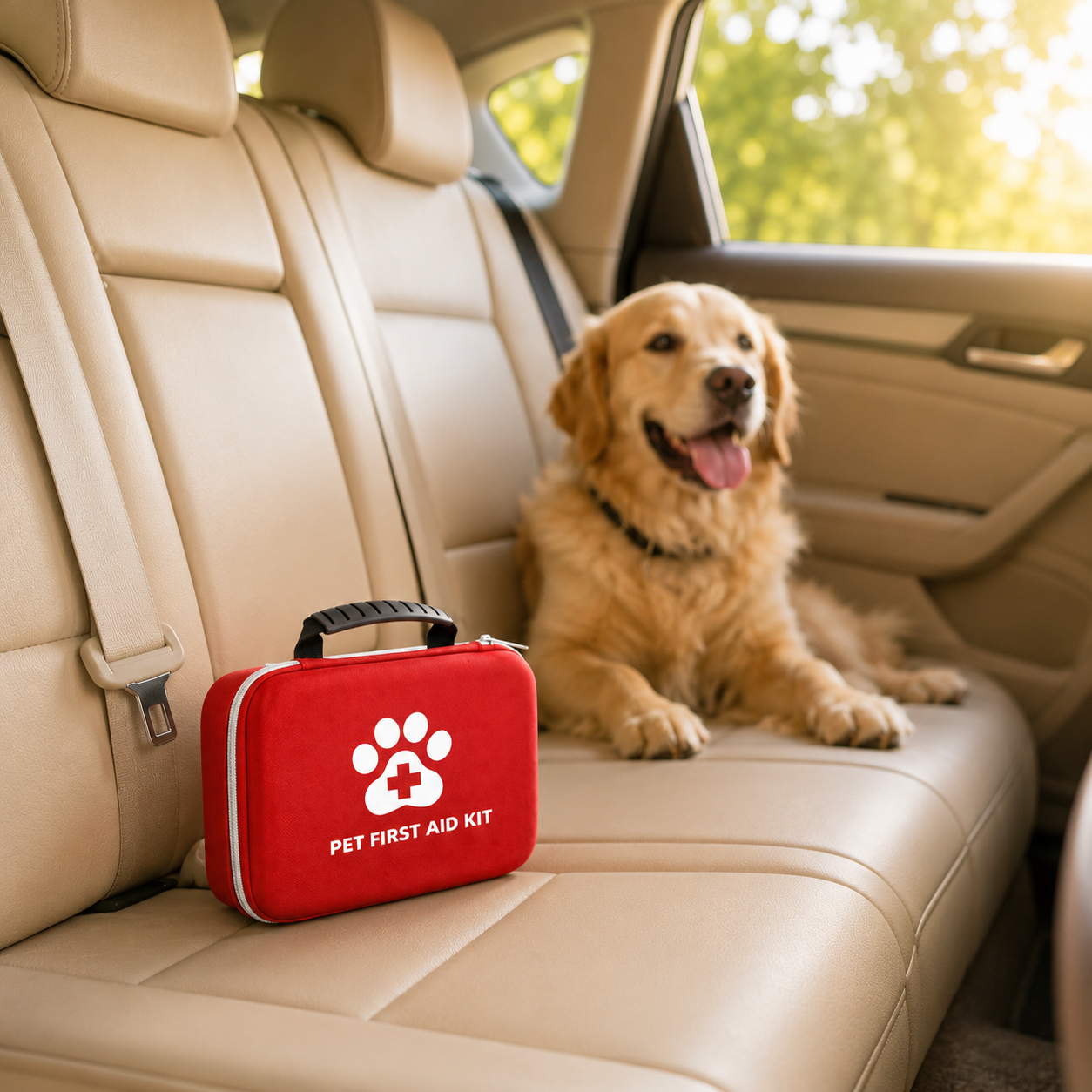 EHBO-kit voor hond en kat op de autostoel — compact en klaar voor onderweg