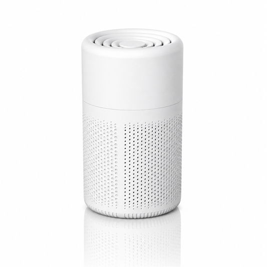 Luchtreiniger huisdieren met HEPA-filter wit cilindrisch design, perforeerde behuizing, productfoto op witte achtergrond