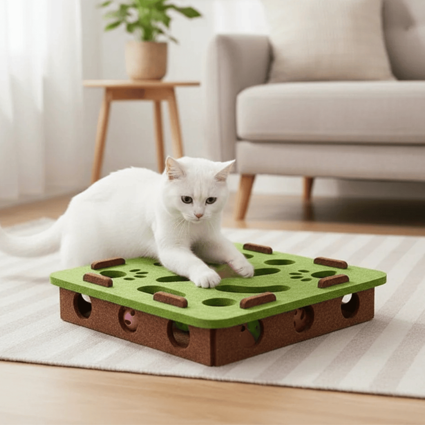 Vilten kattenpuzzel met doolhof en belbal van Maison Pets, sfeerbeeld