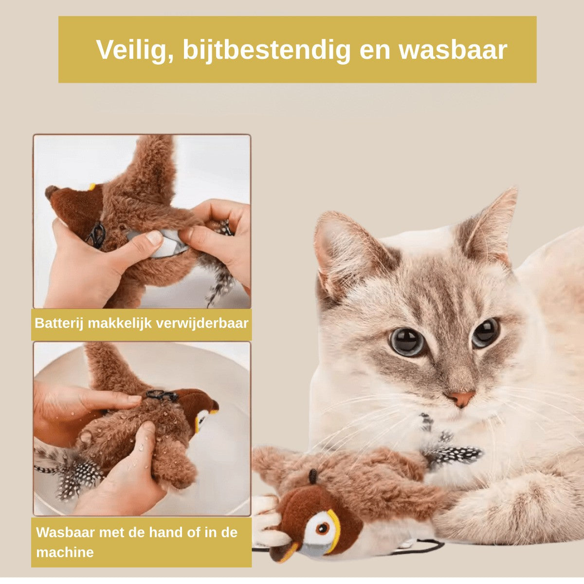 Kat speelt met Birdie kattenspeelgoed — veilig, bijtbestendig, wasbaar en met verwijderbare batterij
