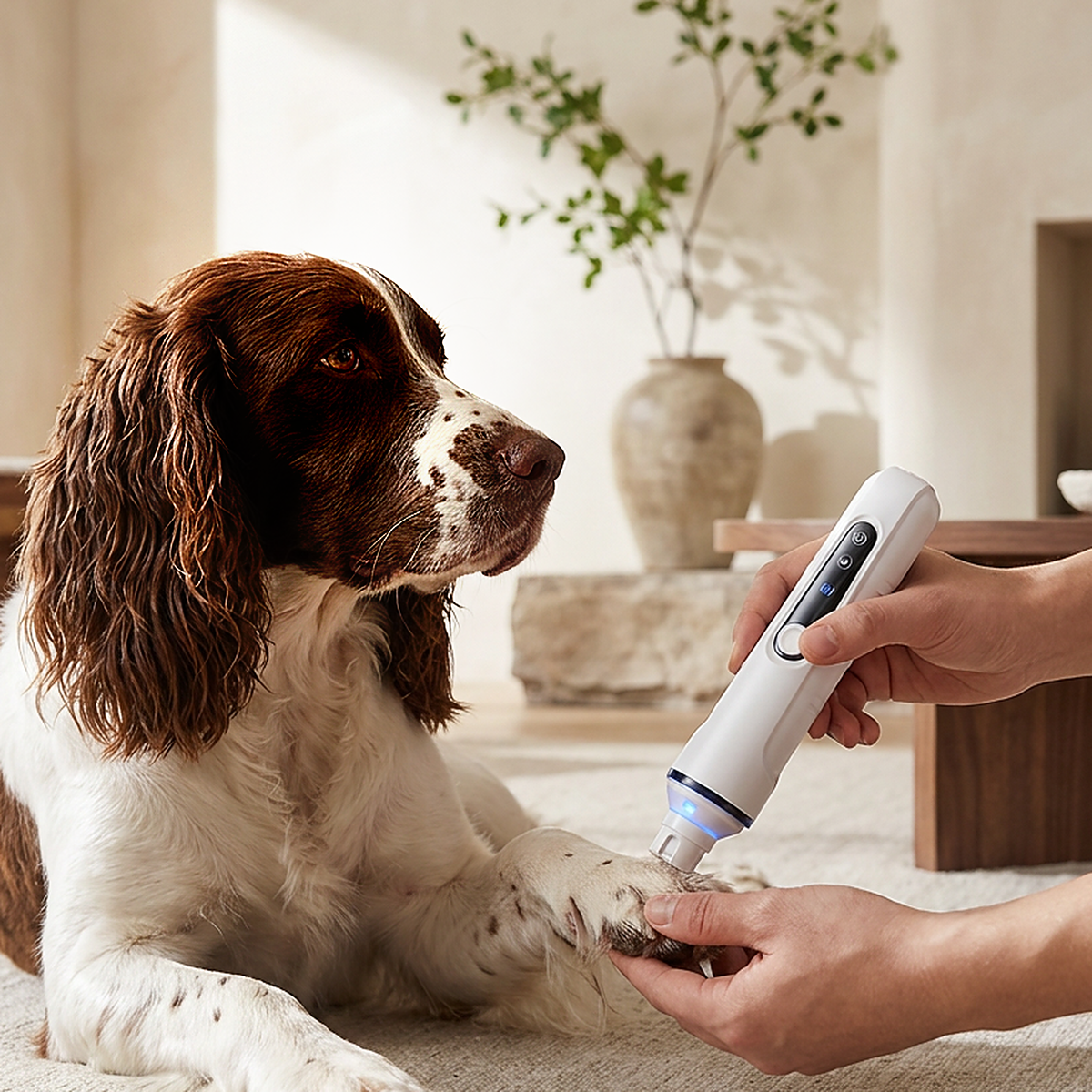 TrimZen elektrische nagelvijl hond en kat in gebruik bij springer spaniel — baasje vijlt rustig een nagel in lichte woonkamer