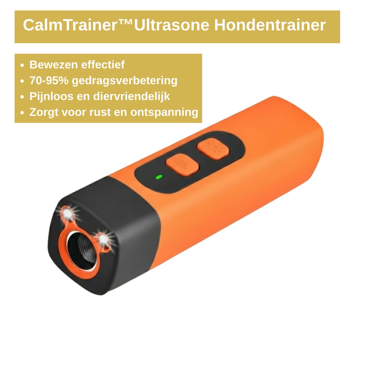 CalmTrainer ultrasone hondentrainer infographic met kenmerken: effectief, pijnloos en diervriendelijk