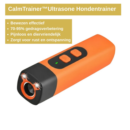 CalmTrainer ultrasone hondentrainer infographic met kenmerken: effectief, pijnloos en diervriendelijk