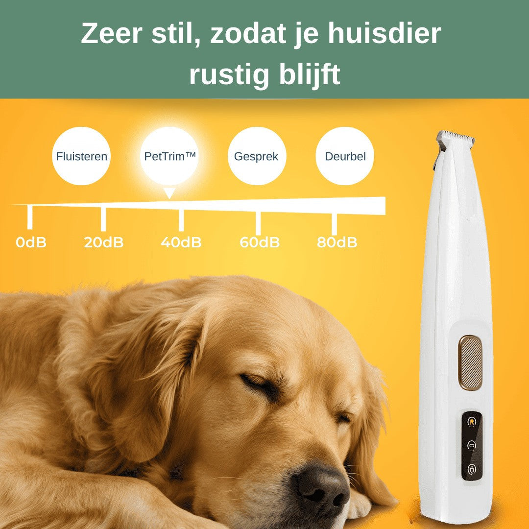 PetTrim trimmer hond en kat geluidsschaal — 40 dB, stiller dan fluisteren, rustige golden retriever