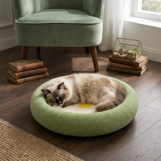 Donut kattenmand met krabmat groen — kat slaapt opgekruld in de zachte rand
