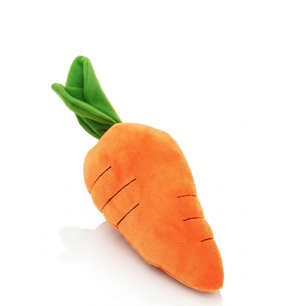 Wortel piepspeelgoed hond oranje pluche speelgoed in wortelvorm met groen loof — productfoto op wit