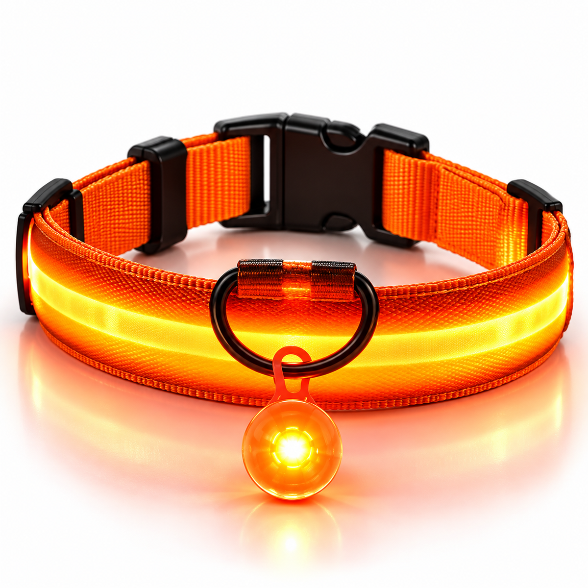 Oranje led halsband met oplichtende hanger en snelsluiting op witte achtergrond