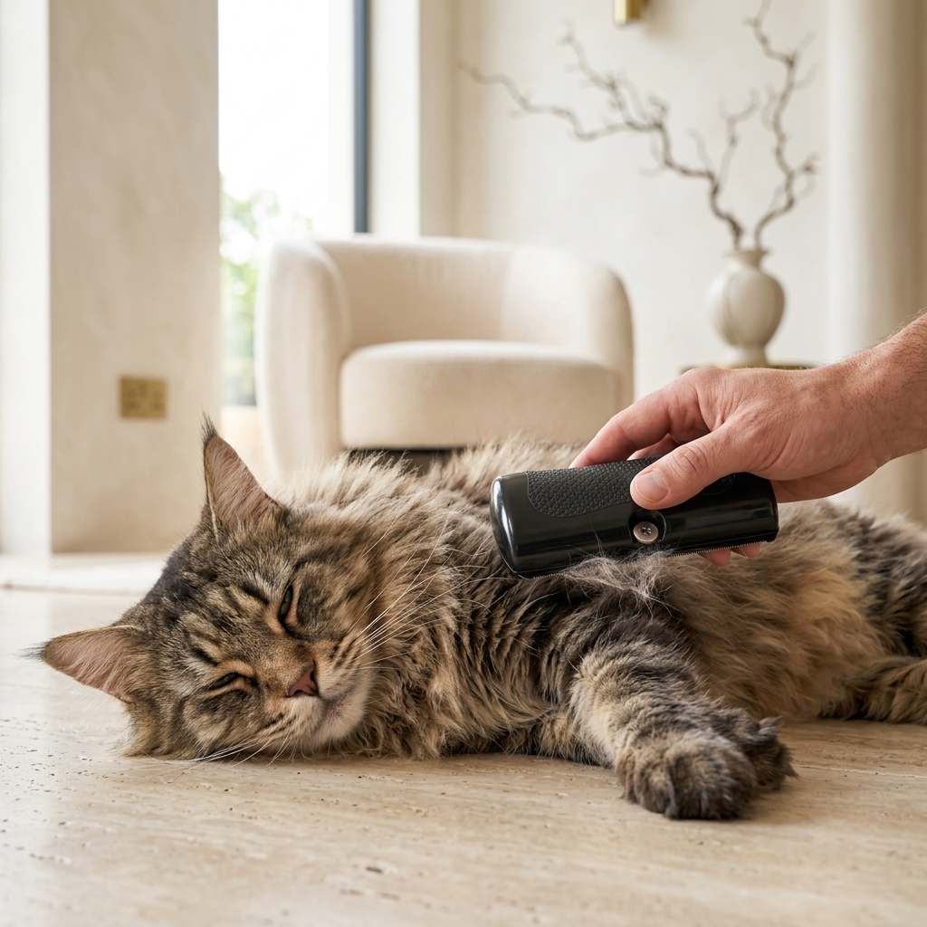 GlowBrush deshedding kam hond en kat borstelt de rug van een ontspannen Maine Coon in warm interieur