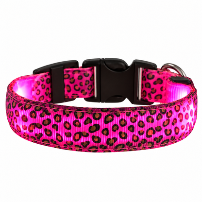 LED halsband met luipaardprint in roze, oplichtend, met zwarte kliksluiting en metalen D-ring op witte achtergrond