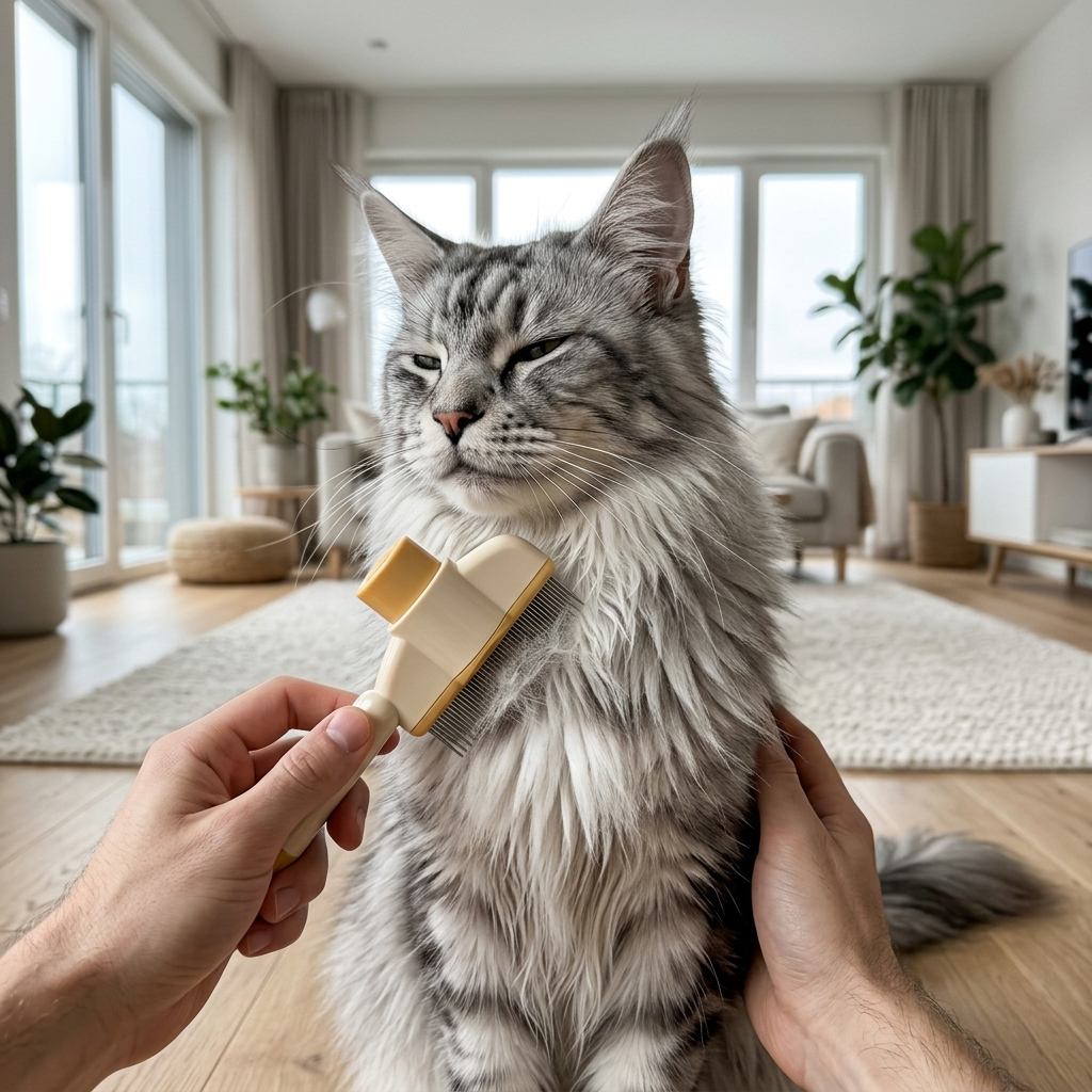 Groomly kam hond en kat in gebruik op langharige grijze kat — rustig kammen in lichte woonkamer