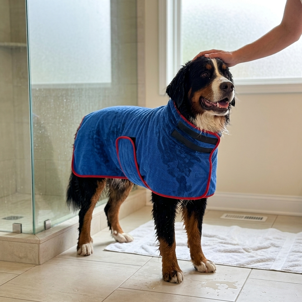 Hondenbadjas superabsorberend blauw met rode biezen — natte Berner Sennenhond in badkamer na bad