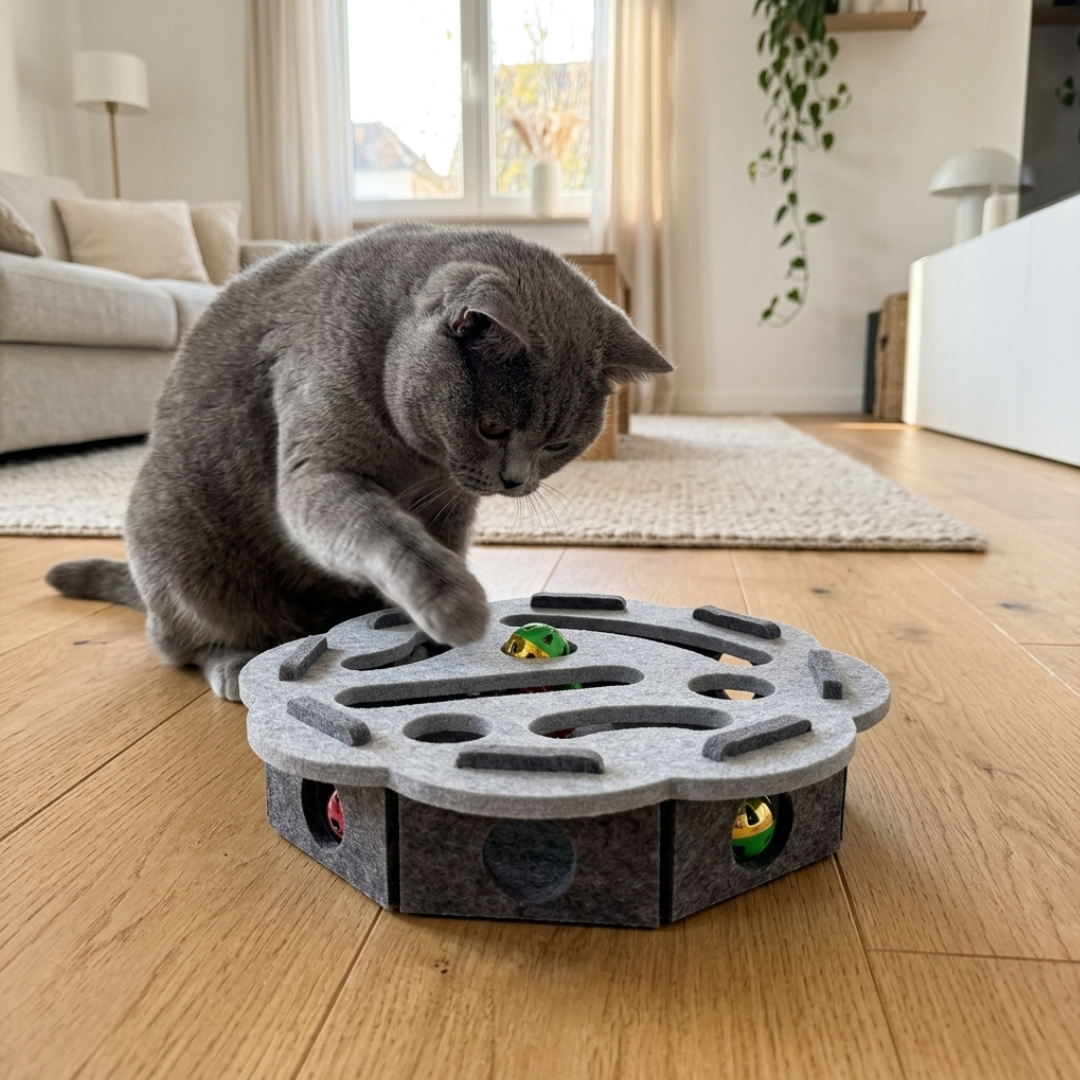 Vilten kattenpuzzel met doolhof en belbal van Maison Pets, extra beeld