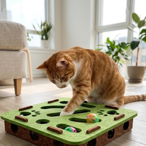 Vilten kattenpuzzel met doolhof en belbal van Maison Pets, hoofdbeeld