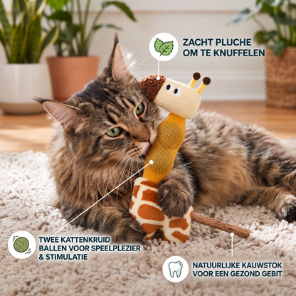 3-in-1 giraffe kauwspeelgoed kat — langhaar tabby kat speelt op vloerkleed met giraf en kauwstok