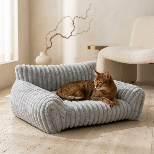 Pluche hondensofa en kattenbed grijs — bruine gestreepte kat rust ontspannen in pluche sofa in woonkamer
