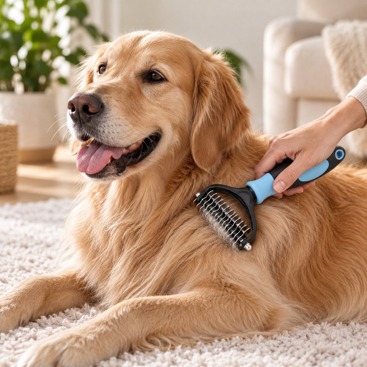 Ontwarringskam hond en kat in gebruik — hand borstelt Golden Retriever liggend op tapijt thuis