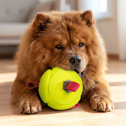 Hondenbal E-TPU geel in de bek van een hond, spelen binnenshuis — apporteer- en trekspeelgoed