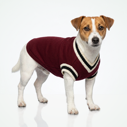 Hondentrui met V-hals in bordeaux, gedragen door een Jack Russell op een spiegelende ondergrond