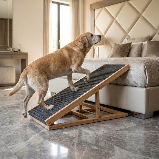 Labrador loopt de houten hondenloopplank op naar het bed