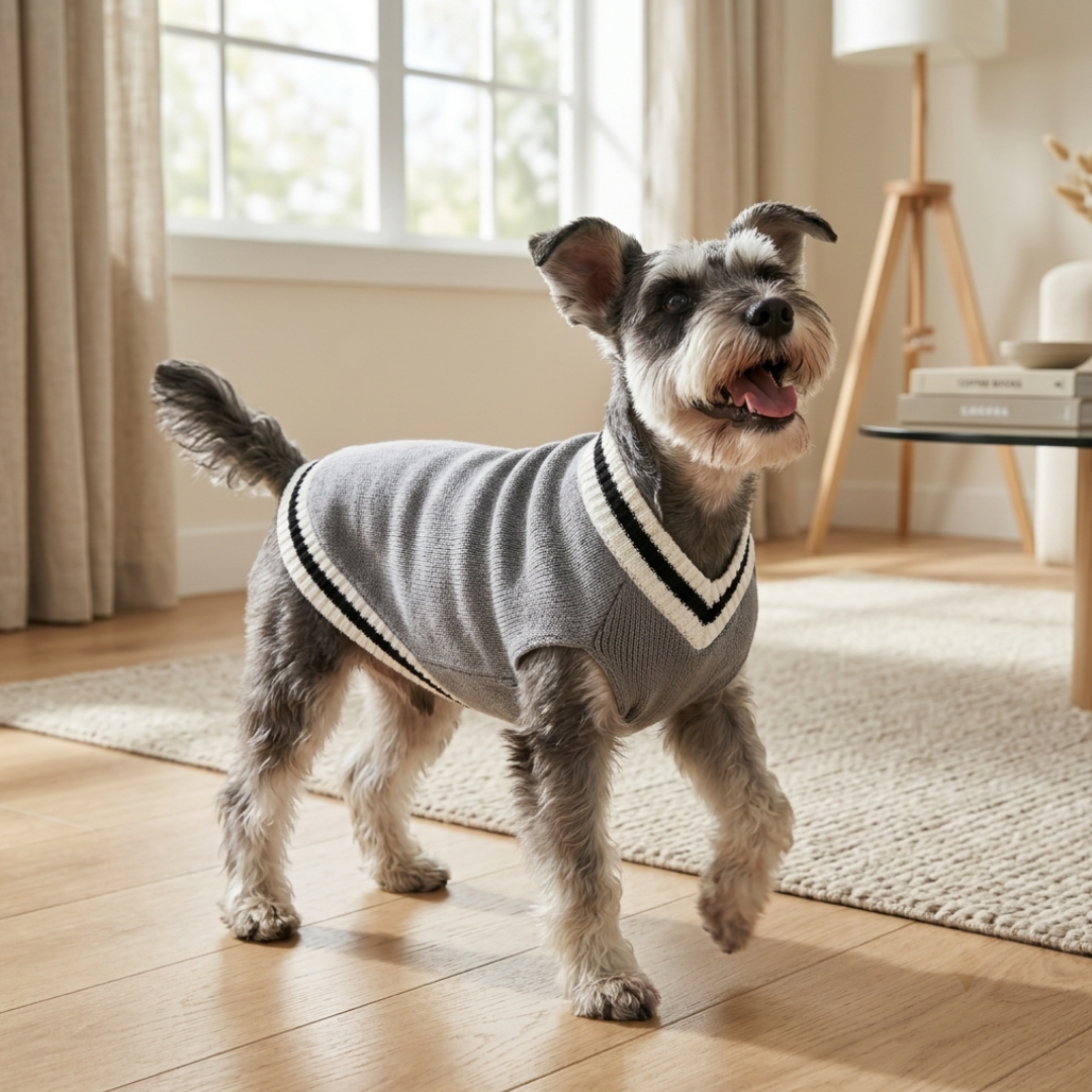 Schnauzer draagt de hondentrui met V-hals in grijs, binnen op een houten vloer