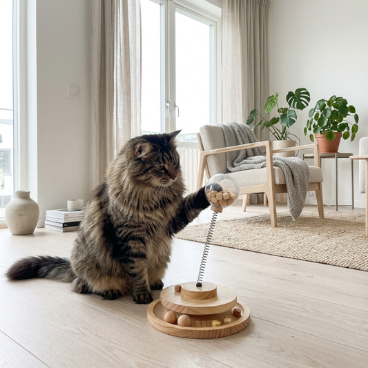 Snackbal kat — langharige kat tikt houten voerspeeltje met veerbal aan in lichte woonkamer