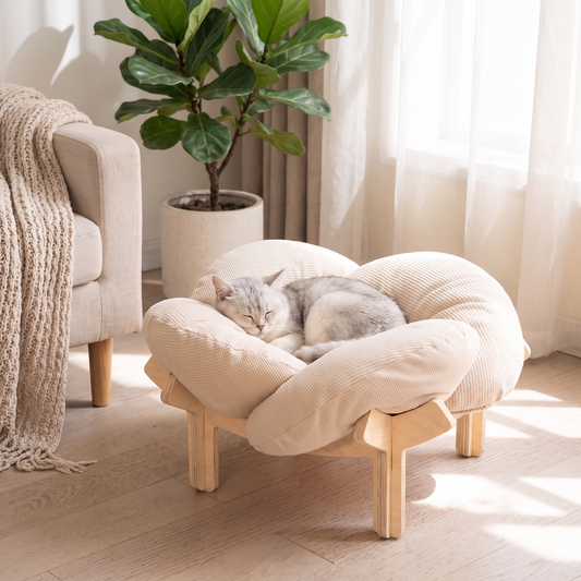 Kat slaapt opgekruld in verhoogd kattenbed van hout met zacht kussen