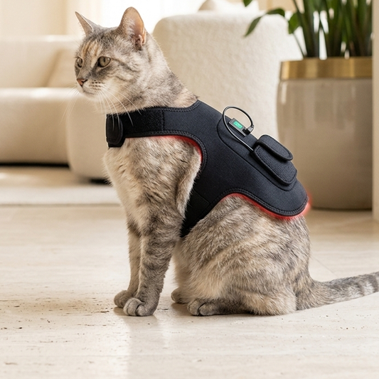 Roodlichttherapie hond en kat therapievest om zittende grijze kat — rood LED-licht aan de zijkant, woonkamer