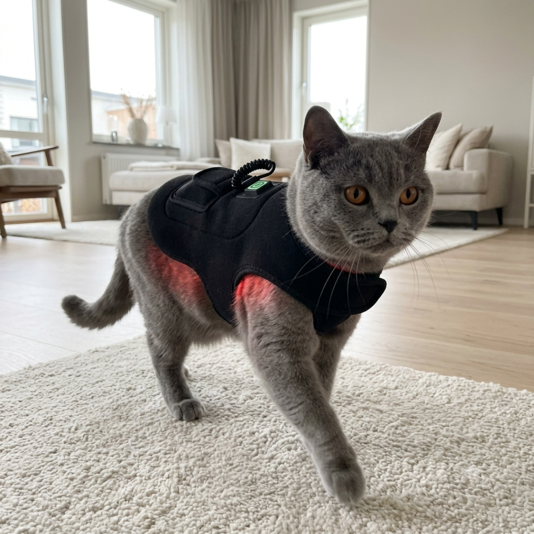 Roodlichttherapie hond en kat therapievest om lopende grijze kat — rood LED-licht zichtbaar, lichte woonkamer